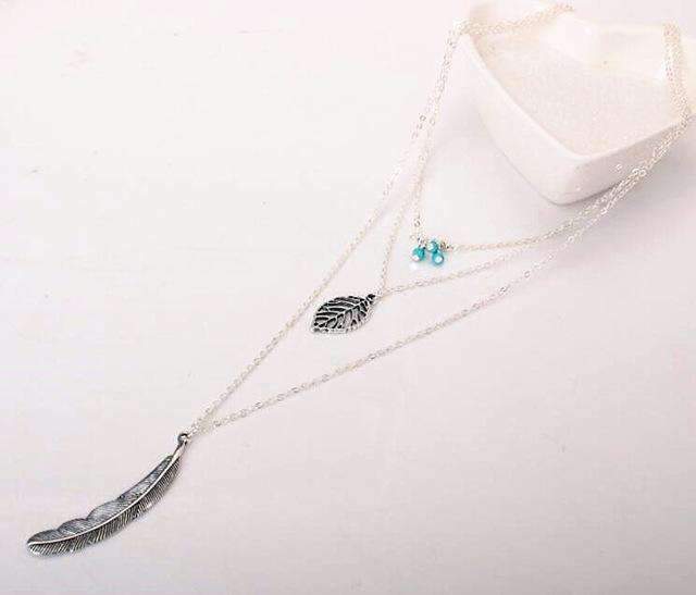 Turquoise Leaf Feather Multi Layer Necklace